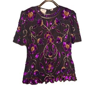 Vintage Sténay Sz 6 Silk Purple Sequin Beaded Evening Top Back Zip Scallop Hem